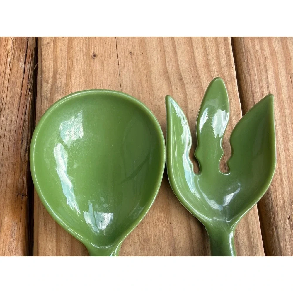 Two Vintage  Melamine Kitchen Utensils Spork Spoon Green Serving Set